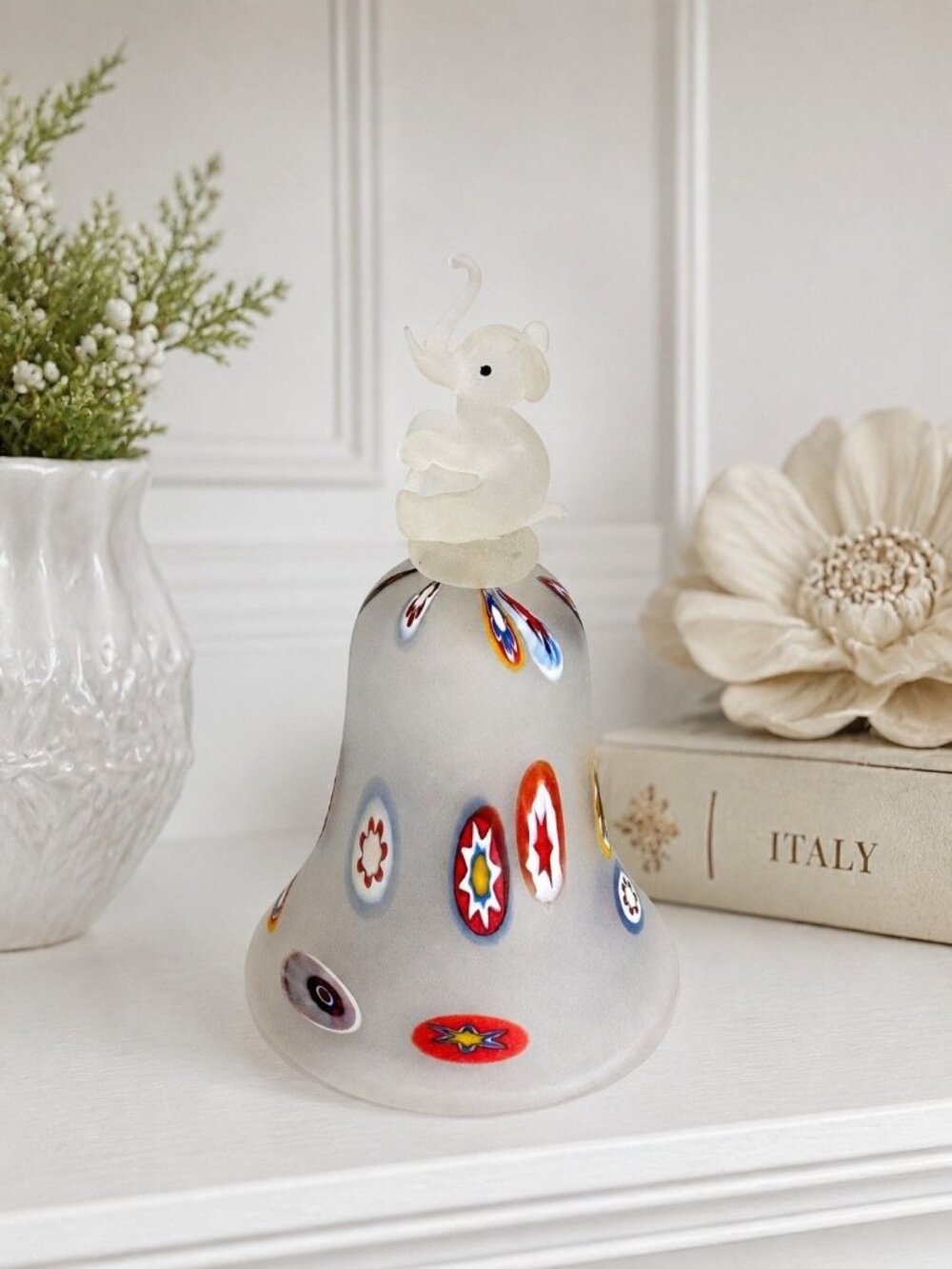 Vintage Frosted Art Glass Bell Millefiori Elephant Finial Hand Blown 5¼" Tusk Ch - Picture 1 of 9
